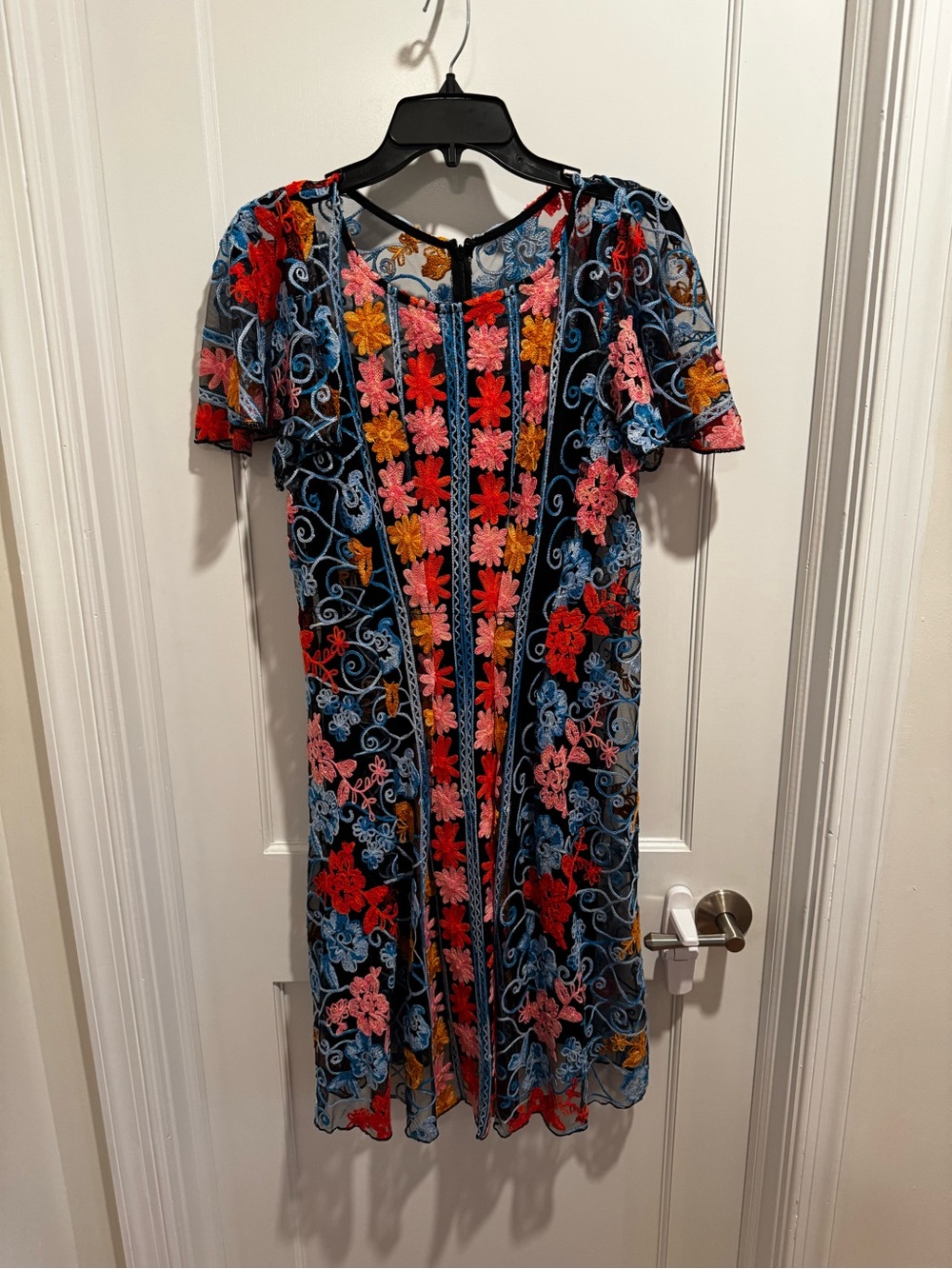 Anthropologie floral  Embroidered Black Sheer Dress with Multicolor Flowers